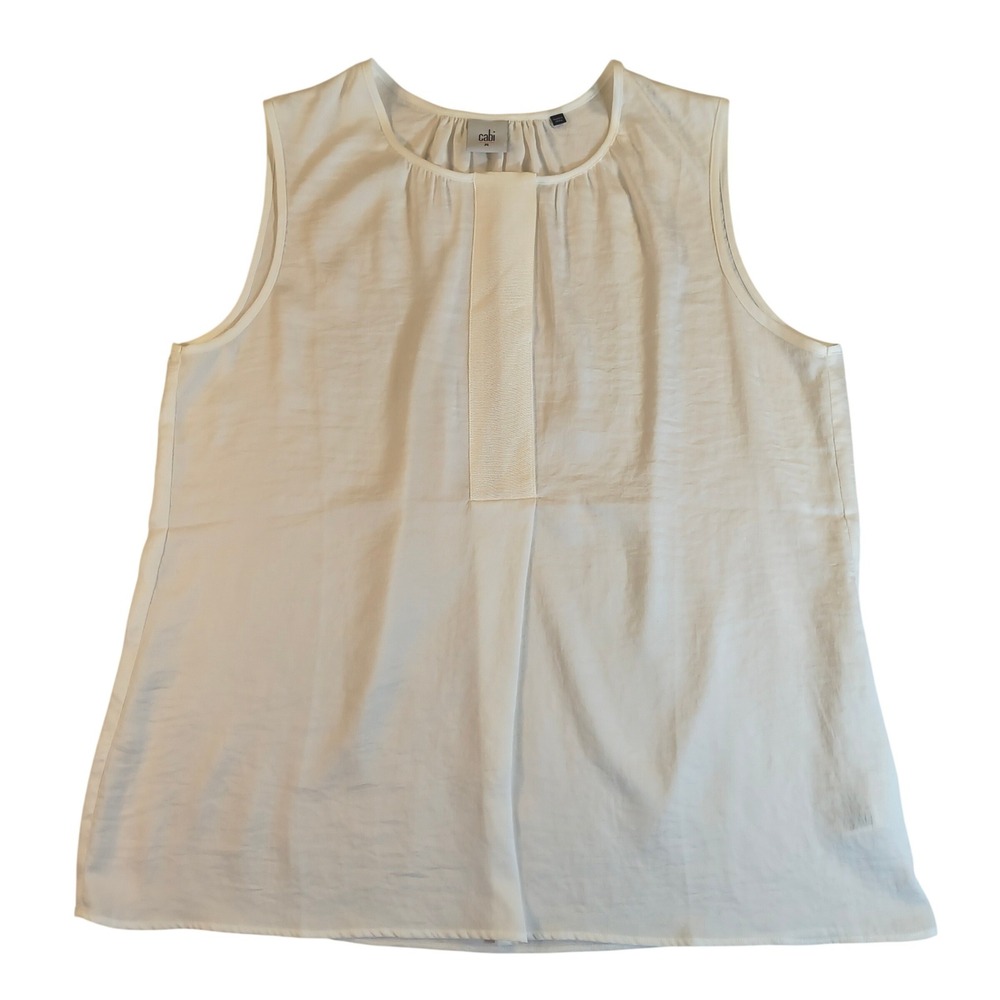 Cabi Womens White Sleeveless Pleated Neck Blouse Grosgrain Trim Top Size M